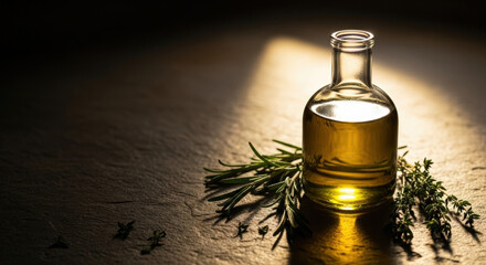 Olive oil bottle with fresh herbs on dark stone background  