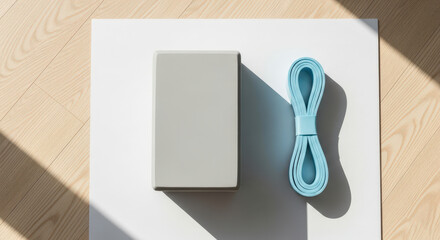 Yoga block and blue resistance band on wooden floor in bright light  