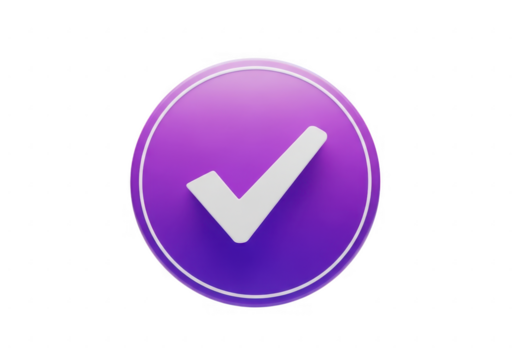 Shiny purple circle with white check mark for success and approval transparent background