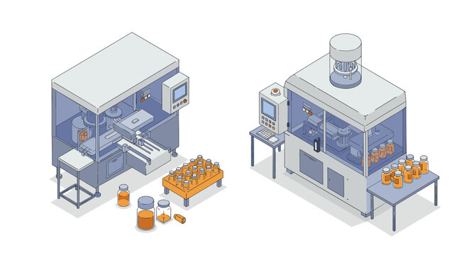 Pharmaceutical production line with isometric filling and capping machines