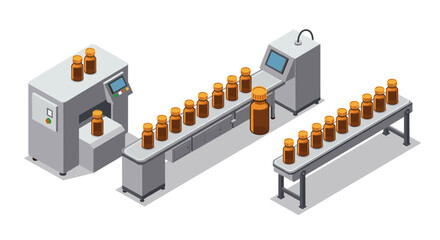 Obraz premium Automated production line with conveyor belt and bottles in isometric design