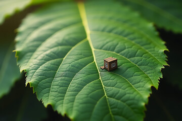 Tiny Cabin on a Green Leaf - Fantasy Nature Macro