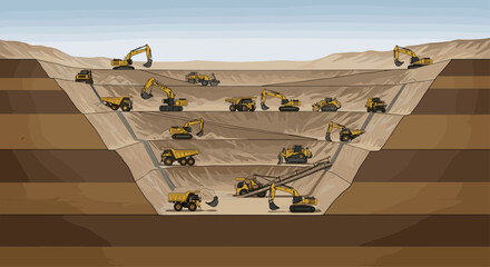 Dramatic open pit mine showcases heavy machinery excavating earth, perfect for industry reports and environmental documentaries or engineering presentations