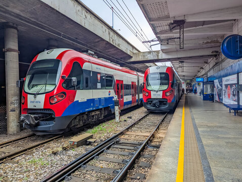 Warsaw, Poland, October 20, 2025. Red white and blue Warszawska Kolej Dojazdowa trains lined up at underground railway station Warsaw Poland. High quality photograph
