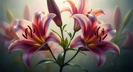 Fototapeta premium Pink lilies blooming in soft natural light