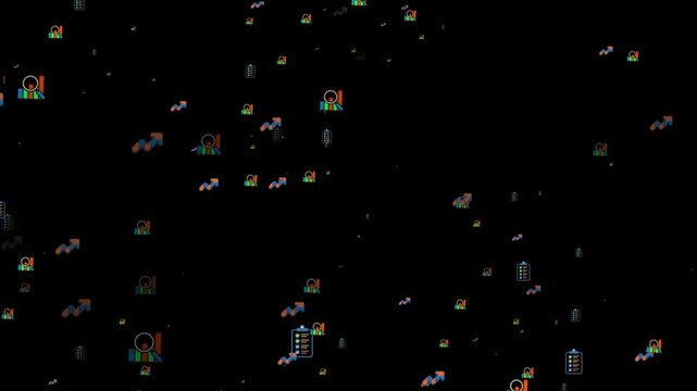 Abstract Business Icons Floating in Dark Space finance. Premium business icon with particles 4k animation.