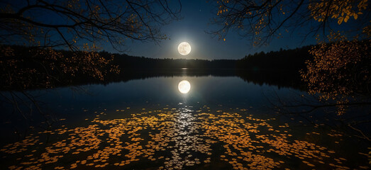 A bright moon rises above a still lake, lighting golden fall trees whose reflections ripple across dark water. Quiet stars and clear skies set a peaceful nighttime mood.