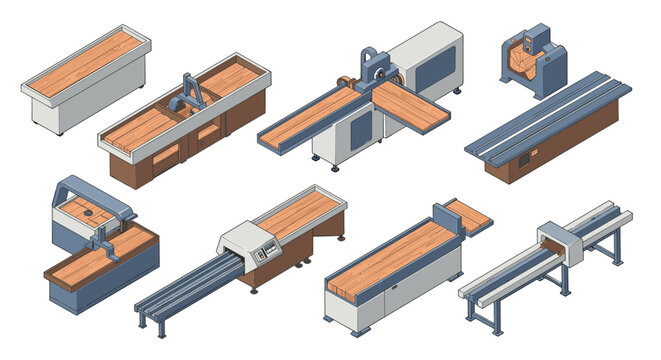Isometric woodworking machines set with industrial carpentry equipment