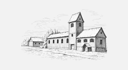 Rural Wooden Church and Tower Sketch