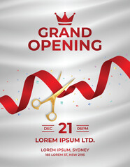 Grand opening poster with red ribbon and confetti, festive store opening flyer design