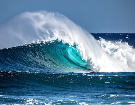 Powerful ocean wave cresting with churning water and spray