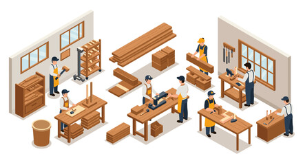 Isometric wood workshop with skilled carpenters in action