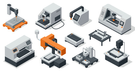 Isometric industrial machinery set featuring cnc equipment in modern design