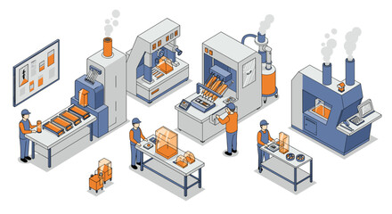 Obraz premium Isometric factory assembly line with workers and machinery for packaging production