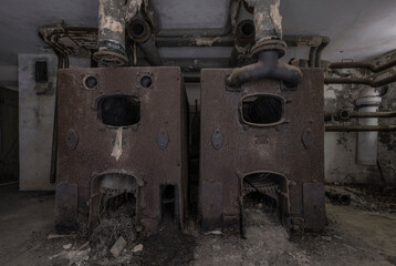 Demolished heating furnace in a abandoned building.