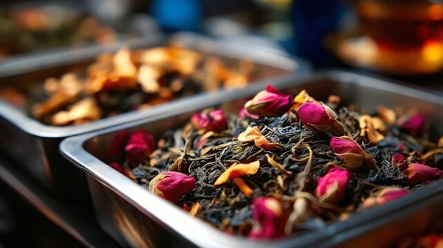 Vivid close up of mixed tea leaves rose petals and herbs carefully placed in metallic trays bright lighting capturing fine details and natural textures atmosphere of refinement