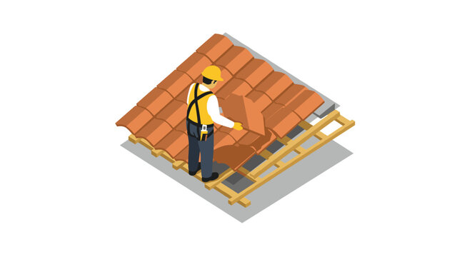 Isometric roofer placing tiles on a roof with safety gear