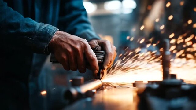 Worker&rsquo;s hands gripping abrasive regenerator controls sparks and dust flying as heavy machinery roars reflective surfaces illuminated by bright industrial light atmosphere