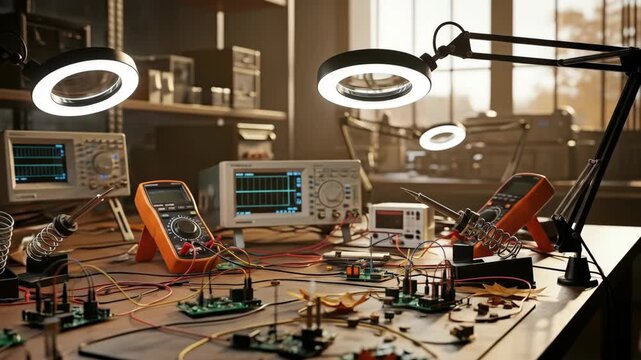 A well-lit workbench with electronic tools, circuit boards, and wires ready for a project