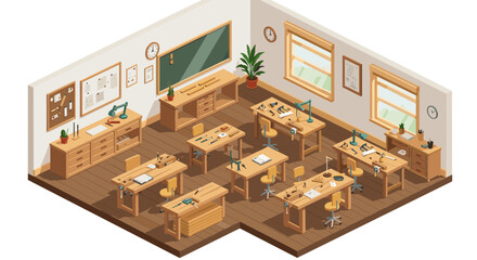 Isometric classroom with wooden furniture and educational tools in warm, inviting design