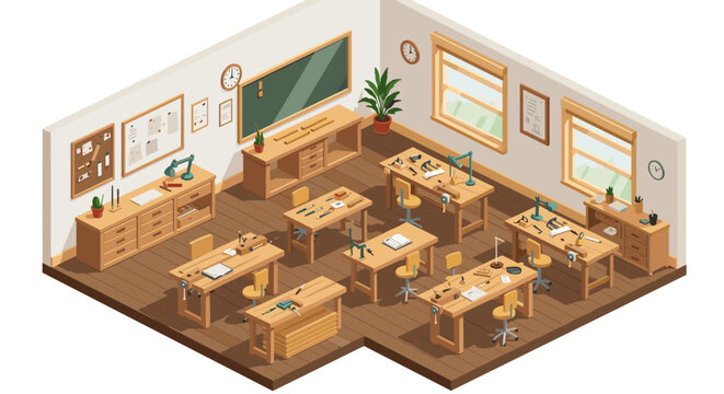 Isometric classroom with wooden furniture and educational tools in warm, inviting design
