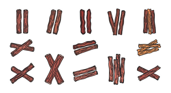set of dried meat biltong strips outline icons vector full color