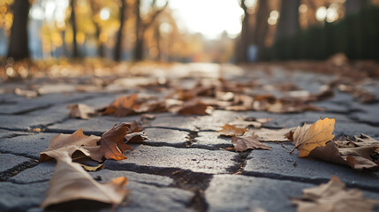 Naklejka premium Autumn pathway view with fallen leaves on gray stones, bathed in warm sunlight. Serene ambiance of nature's seasonal transition, inviting a tranquil stroll.