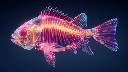 Fototapeta premium Animal aquatic adaptation glowing neon fish skeleton radiant gills futuristic scientific conceptual illustration