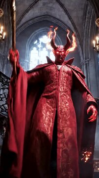 A powerful red devil in an ornate robe holds a golden staff, exuding evil and authority in a dark gothic hall, a breathtaking fantasy scene