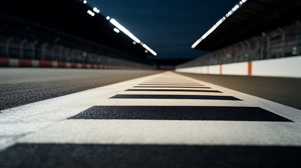Fototapeta premium A nighttime shot of a racing circuit, the asphalt gleams under bright lights. White lines and striped patterns guide the way, promising speed and competition. The track awaits.