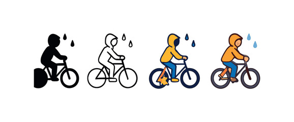 Obraz premium Vector icon person cycling rain autumn same pose same proportions four styles black solid glyph outline minimal flat multicolor filled cartoon flat shaded.