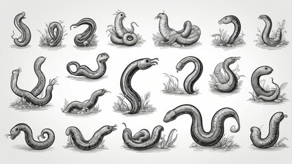 Obraz premium A collection of detailed, monochrome pencil illustrations depicting various species of realistic grubs, worms, and insect larvae with segmented bodies and small legs.