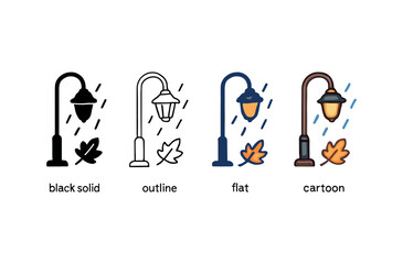 Vector icon street lamp rainy night autumn same pose same proportions four styles black solid glyph outline minimal flat multicolor filled cartoon flat shaded.