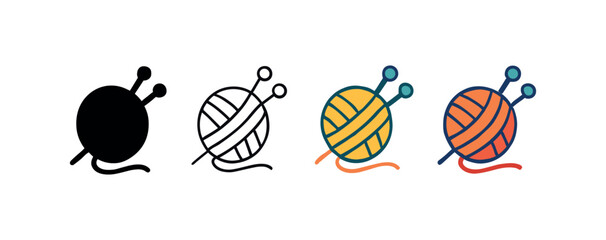 Vector icon wool yarn ball knitting winter same pose same proportions four styles black solid glyph outline minimal flat multicolor filled cartoon flat shaded.
