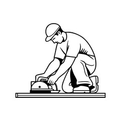 Carpenter kneeling and cutting a wooden plank with a saw, symbolizing woodworking skill, craftsmanship, and dedication to precise manual labor.