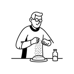 Man sprinkling flour on dough, representing the process and artistry of home baking.