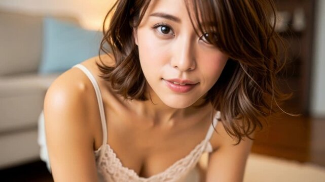 ネグリジェの肩紐に手をかけ、誘うように微笑む20代女性