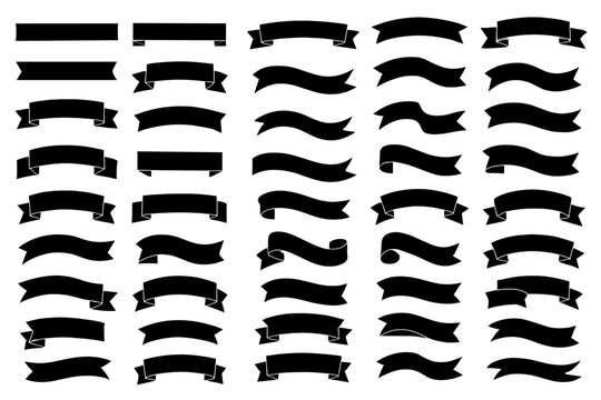 flat silhouette ribbons set 60 black vector icons straight curved folded forms bold clean edges minimal style.