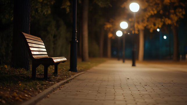 A serene nightscape featuring an empty park bench bathed in the soft glow of streetlights, inviting rest and contemplation amidst the quiet darkness.