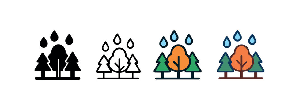 Vector icon forest rainy day autumn same pose same proportions four styles black solid glyph outline minimal flat multicolor filled cartoon flat shaded.