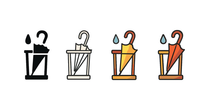 Vector icon umbrella stand autumn rain same pose same proportions four styles black solid glyph outline minimal flat multicolor filled cartoon flat shaded.