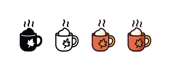 Vector icon hot chocolate mug thanksgiving same pose same proportions four styles black solid glyph outline minimal flat multicolor filled cartoon flat shaded.