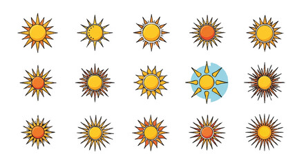 setm of sun with rays outline icons vector full color