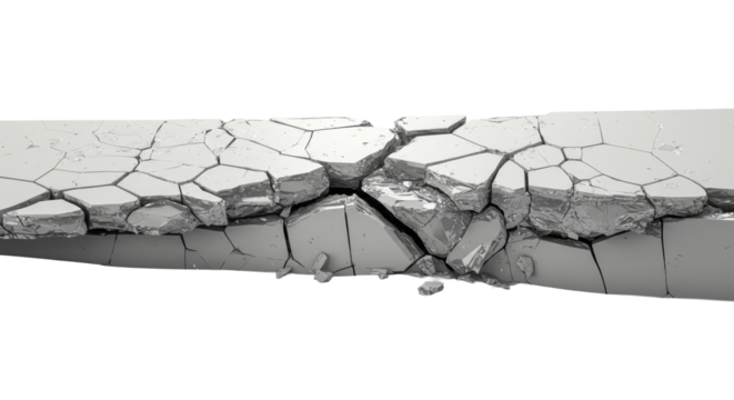 A jagged fracture in ultra-white material with intricate crystalline fissures and sharp edges, isolated on a transparent background, concept of structural failure.