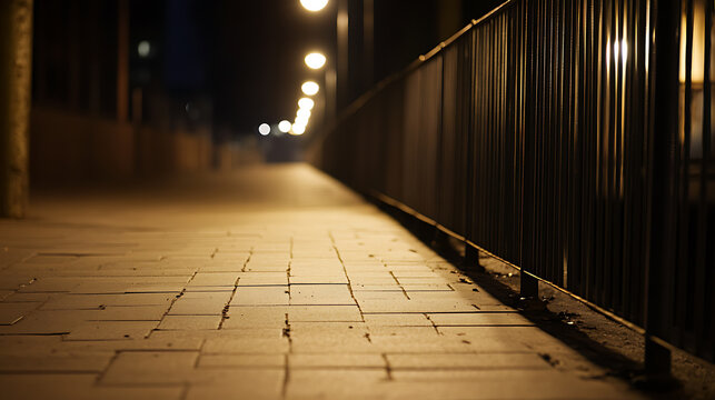 A dimly lit pathway at night, lined with streetlights and a metal railing. The scene evokes a sense of mystery and quiet solitude under the urban glow.