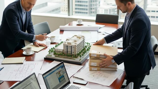 A team of architects in suits collaborate at a large wooden table with blueprints, model, and coffee