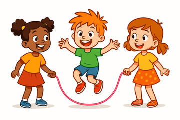 Children jumping rope cartoon flat vector illustration 3 kids holding rope bright multicolor palette playful energetic mood.
