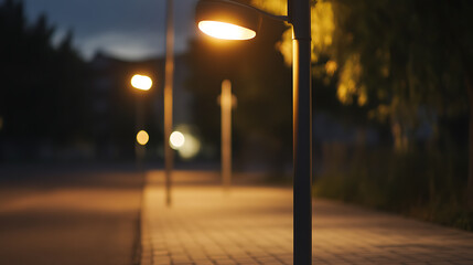 Naklejka premium Night scene with illuminated street lights casting a warm glow on the sidewalk. Serene atmosphere evokes safety and solitude in an urban setting. Peaceful backdrop.