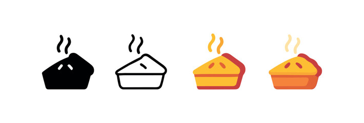 Vector icon pie thanksgiving same pose same proportions four styles black solid glyph outline minimal flat multicolor filled cartoon flat shaded.