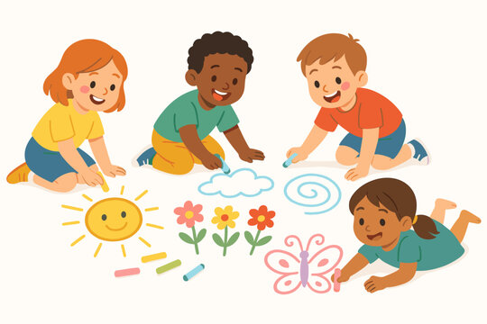 Children drawing chalk on ground doodle flat vector illustration 4 kids with colorful chalks playful multicolor palette joyful mood.